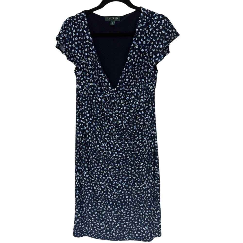 Lauren‎ Ralph Lauren Flutter Sleeves Knee-Length Faux Wrap Dress Blue Floral 12